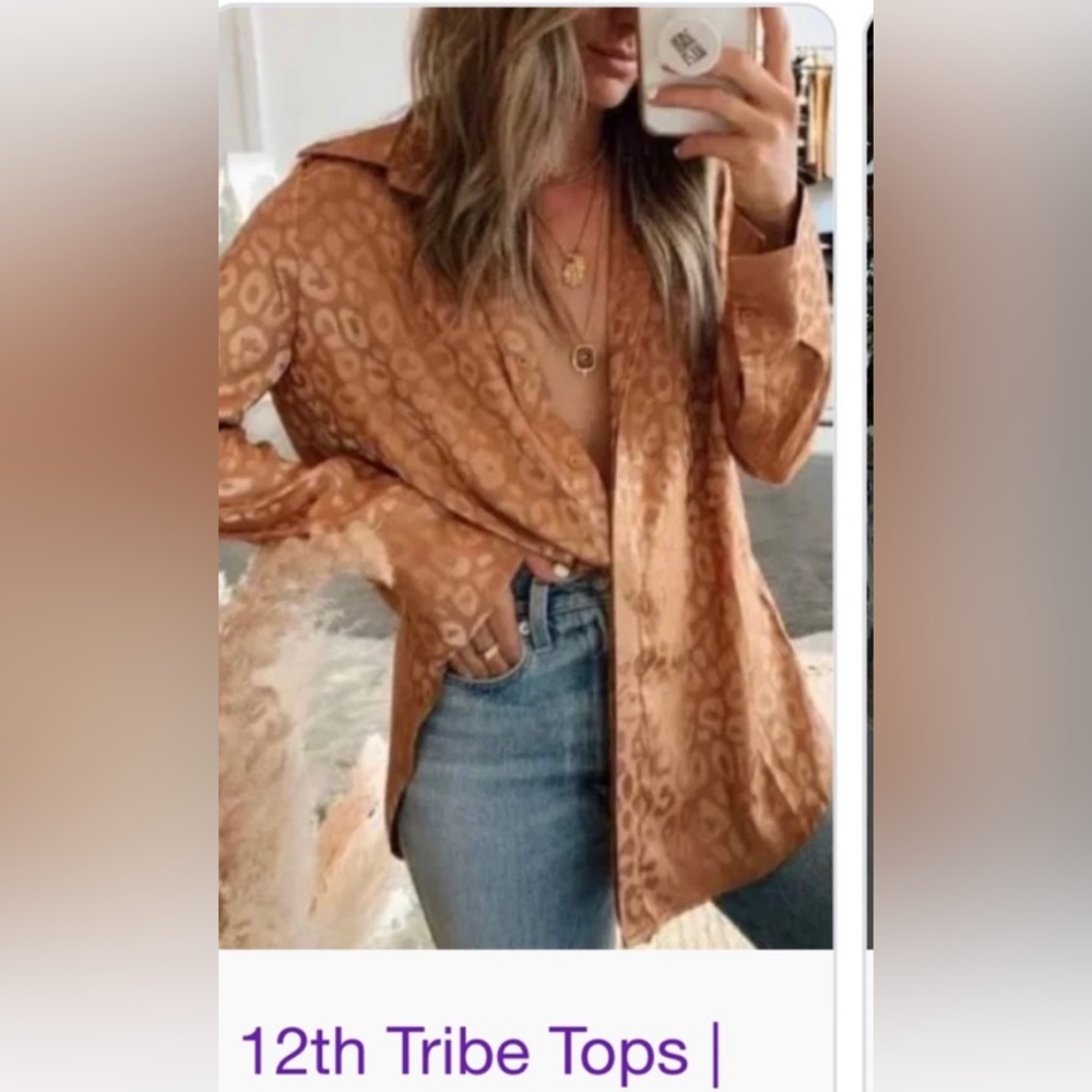 12th Tribe Rose Gold Satin Leopard Button Down